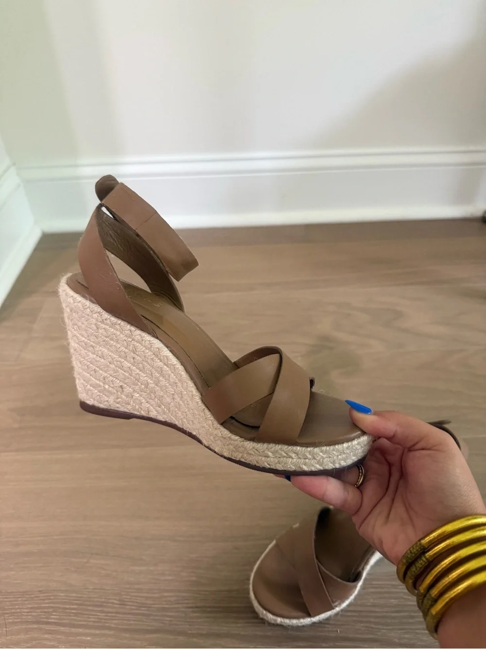 Kaanas Tan Leather Espadrille Ankle-Strap Wedge Sandals